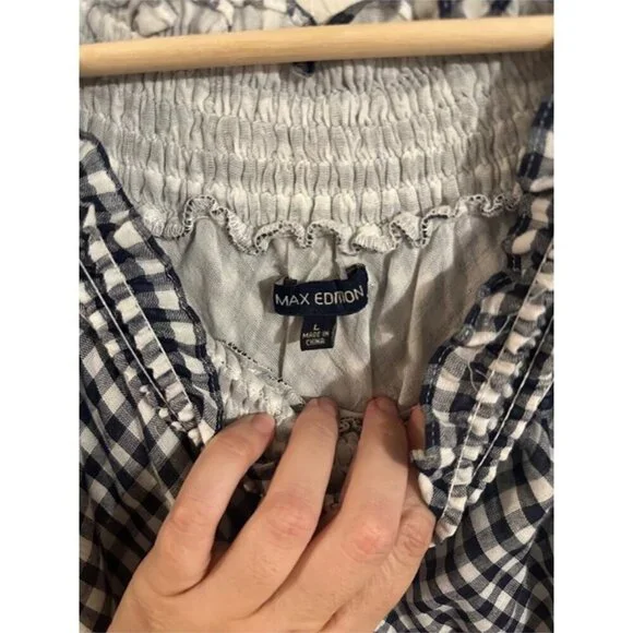 Y Max Edition Gingham Plaid Smocked Black & White Puffy Sleeve Cotton Midi Dress - Picture 8 of 10